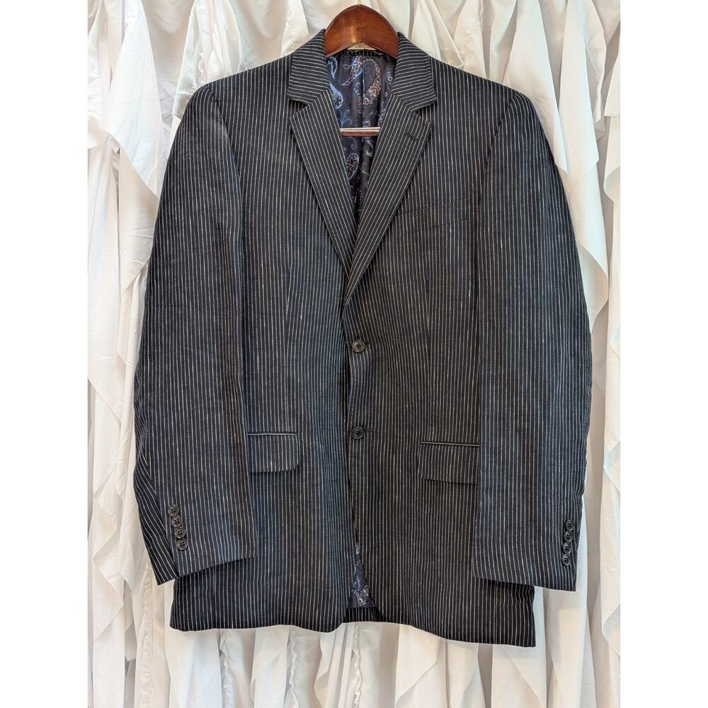Joe Joseph Abboud Size 38L Black w/White Pin Stripes Linen 2 Button Notch Blazer